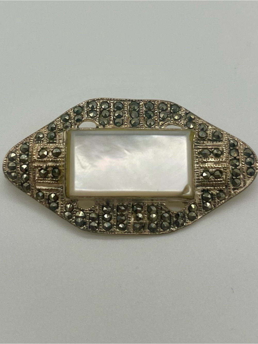 Sterling Silver 925 Mother of Pearl & Marcasite Bar Brooch